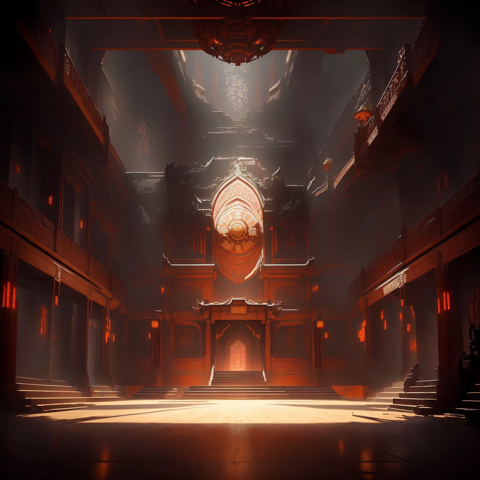 There is a big clock in the middle of the room., doom eternal Concept Art, riot games Concept Art, Concept Art | feng zhu, feng zhu Concept Art, g liulian art style, library of ruina Concept Art, Cyberpunk Chinese Ancient Castle, Dramatic Lighting. Concept Art, Concept Art stunning atmosphere, Beautiful rendering of the Tang Dynasty, Arena Background