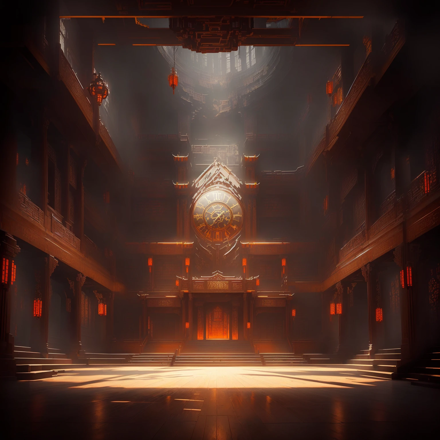 There is a big clock in the middle of the room., doom eternal Concept Art, riot games Concept Art, Concept Art | feng zhu, feng zhu Concept Art, g liulian art style, library of ruina Concept Art, Cyberpunk Chinese Ancient Castle, Dramatic Lighting. Concept Art, Concept Art stunning atmosphere, Beautiful rendering of the Tang Dynasty, Arena Background