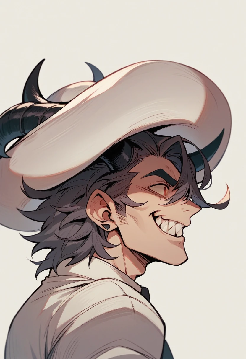 offwhite + brawny  + all white + white suit + big hat + black horns + profile pic + sharped teeth + big mischievous smile + sharped teeth + bonitas + earless + without hair + gostoso + demon
