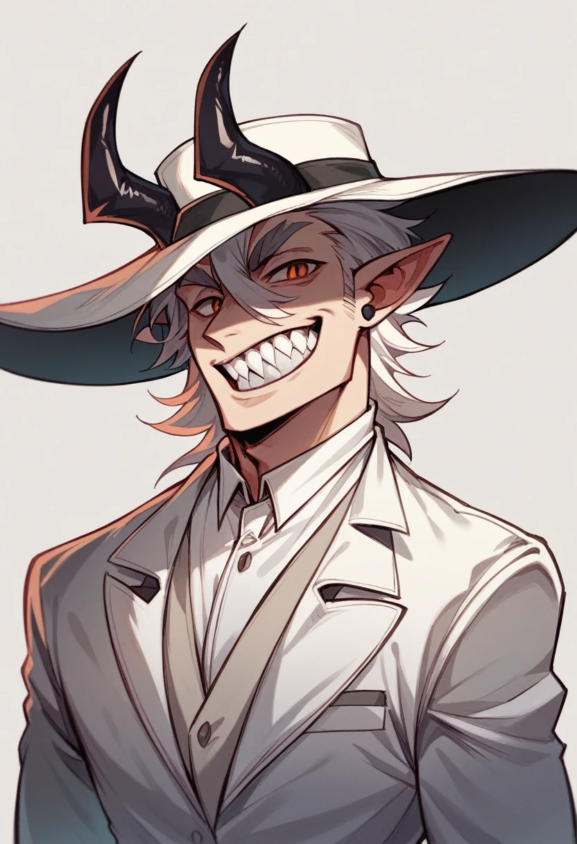 offwhite + brawny  + all white + white suit + big hat + black horns + profile pic + sharped teeth + big mischievous smile + sharped teeth + bonitas + earless + without hair + gostoso + demon