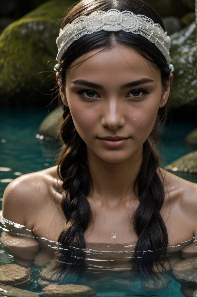 Best Quality, Masterpiece, super high resolution, A super model submerged in hot springs in Japan., outdoor hot springs, stone hot springs, surrounded by moss and trees, super beautiful face, pure body, clear pores visible, (SMILE:0.8), using division (lace headband:1.2), (realism:1.5), Photo original, soaked body, covered in sweat, bare shoulders, in the dark, deep shadows, low-key, cold light