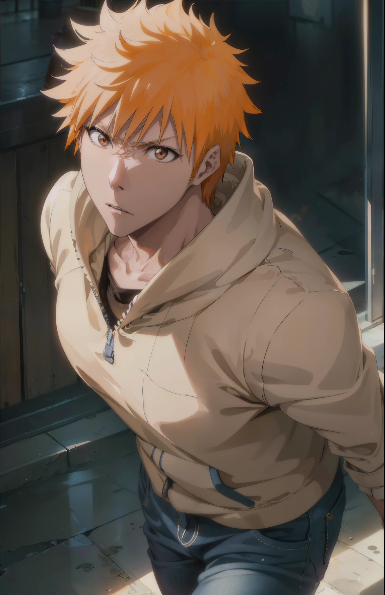 Ichigokurosaki, Ichigo Kurosaki, short hair, Orange Hair, Spiked Hair, (Brown eyes:1.5),
Oversized yellow hoodie,jeans,White sneakers,Walking,whole bodyがイラストに入るように,Daytime,Cold Sky, 
break looking at viewer, whole body,
break outdoors, Building district,
break (masterpiece:1.2), Highest quality, High resolution, unity 8k wallpaper, (figure:0.8), (Beautiful attention to detail:1.6), Highly detailed face, Perfect lighting, Highly detailed CG, (Perfect hands, Perfect Anatomy),