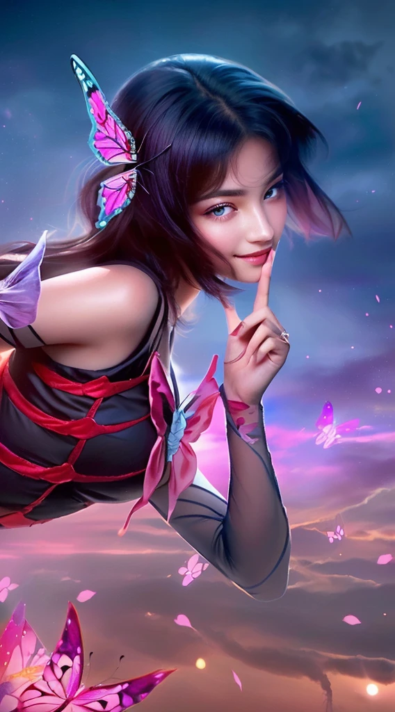 a close up of a girl with a butterfly on her head, butterfly on head, beautiful detailed eyes, beautiful detailed lips, sexy smile,extremely detailed eyes and face, long eyelashes, delicate features, serene expression, soft lighting, warm colors, cinematic, portrait, high quality, 8k, realistic, photorealistic