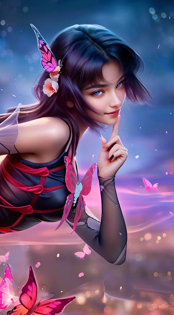 a close up of a girl with a butterfly on her head, butterfly on head, beautiful detailed eyes, beautiful detailed lips, sexy smile,extremely detailed eyes and face, long eyelashes, delicate features, serene expression, soft lighting, warm colors, cinematic, portrait, high quality, 8k, realistic, photorealistic