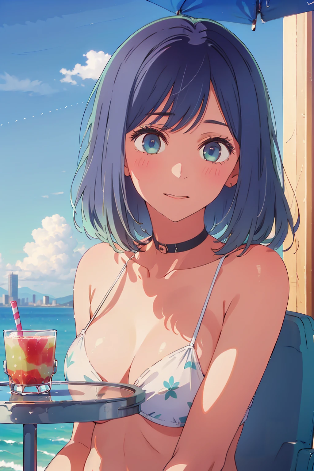 (Highest quality:1.4、8K:1.4、detailed)、F cup 、、Slim body、Very white beautiful skin、((((1 person、Surprised expression、sit、Chair、In the background are the urban buildings of Tokyo、looking at the camera、Outdoor café terrace、coastal、Navy hair color、juice、Shooting up close、table、Very cute face))))、(Pose of putting hair behind ears with hands:1.4）、((、))、bikini、Very blue sky、A completely cloudless sky