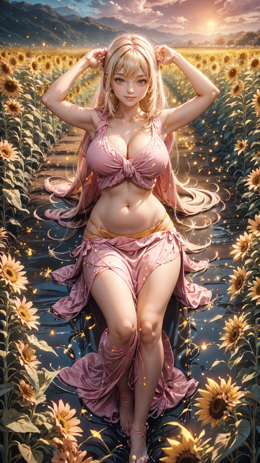 a woman in a pink dress standing in a field of sunflowers, smiley face smile on face, , hot body curves, gracefully belly dancing pose, angel doing yoga in temple, photo of slim girl, beautiful woman body, photo of slim girl model, super model, style of beautiful body, yoga meditation pose, movie stills, beautiful fashion model body