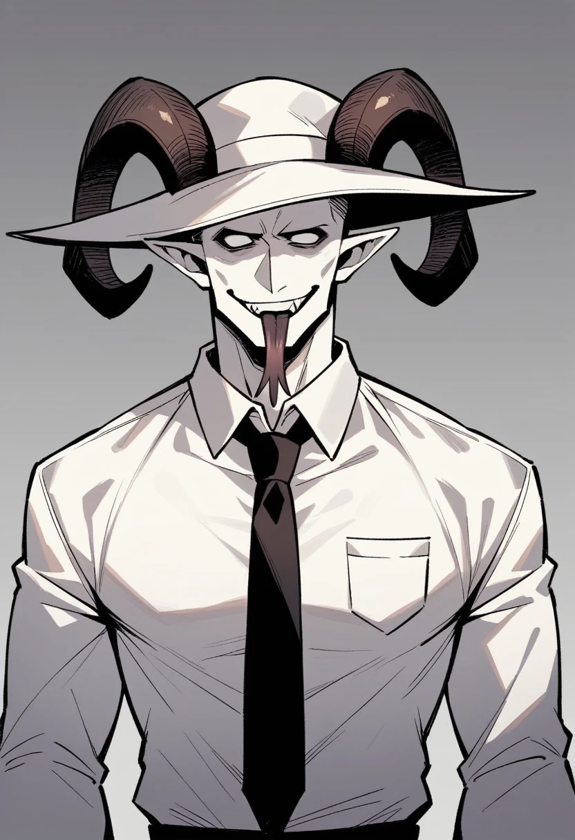 Suggestion, the Ink Demon, has a terrifying appearance.
His muscular body is covered in white skin, with half of the face in an intense black tone. He has no eyes and no mark on where his eyes should be, and your mouth stretches into a pointed smile, with forked tongue.
Two pairs of black, curved horns rise from its head., under an elegant dress hat. His attire is refined - dark suit, white shirt and black tie - giving you a sophisticated and intimidating look.
The long demon tail moves fluidly, enhancing its imposing and unsettling presence. Your empty eyes seem to pierce the soul.