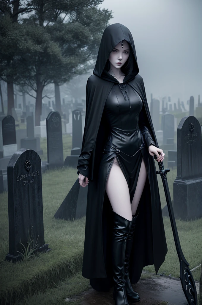 Grim Reaper girl, 20, pale skin, slender, wears black robe, hooded cloak, thigh-high boots, long black hair, sitting on a tombstone in a misty graveyard, surrounded by eerie blue moonlight, holding a scythe, ominous, dark atmosphere. 3D render, photorealistic.