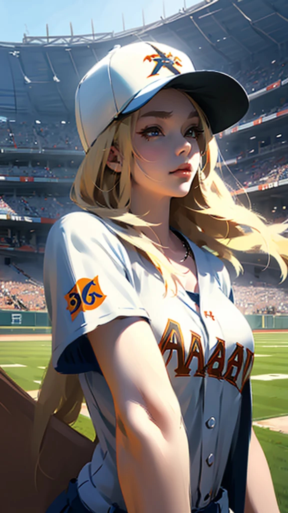 Baseball uniform、Bare chest、Large Breasts、Blonde、Long Hair、Stadium、Upper Body