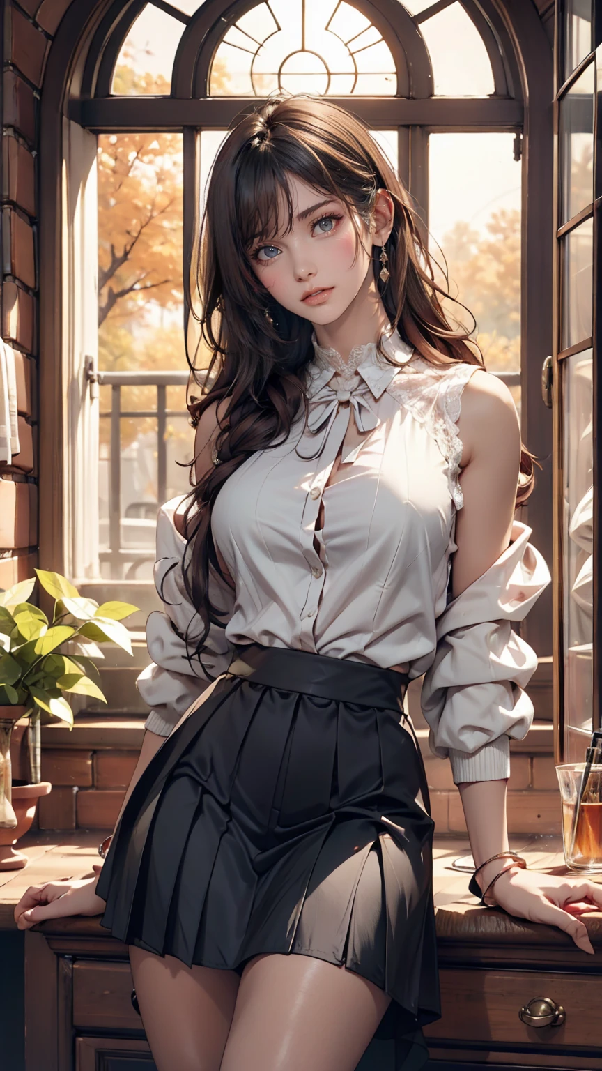 grassland, Field pasture, A few trees in the distance, Variegated light and shadow, beautiful, masterpiece、24 year old Caucasian female、Sexy proportions、Sexy、Wear a high-necked dress decorated with lace、Put on a lace cardigan、Wear a long pleated skirt、Wear mules、The atmosphere of a lady in a deep window