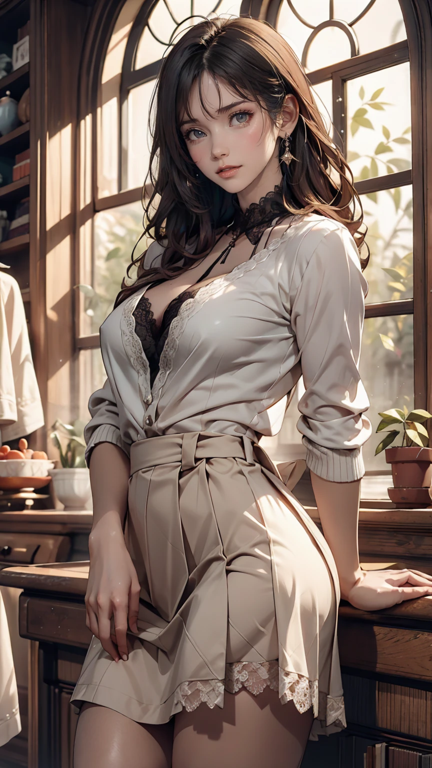 grassland, Field pasture, A few trees in the distance, Variegated light and shadow, beautiful, masterpiece、24 year old Caucasian female、Sexy proportions、Sexy、Wear a high-necked dress decorated with lace、Put on a lace cardigan、Wear a long pleated skirt、Wear mules、The atmosphere of a lady in a deep window