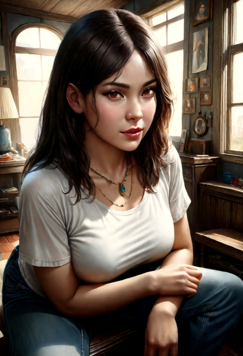 1girl,(medium breast:1.1),full body,sitting on men,short black hair,looking to men,necklace,18 years old girl,short t-shirt,(best quality,4k,8k,highres,masterpiece:1.2),ultra-detailed,(realistic,photorealistic,photo-realistic:1.37),portraits,vivid colors,cinematic lighting,girl fingering own 
