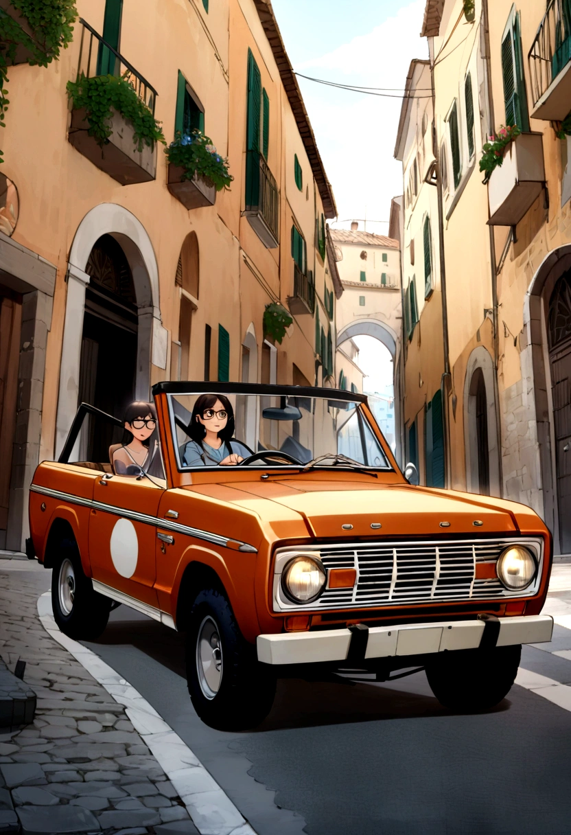 best quality, complete landscape, detailed textures, vibrant and natural colors, high photographic quality, A woman, 27 years old, white, medium black hair, wearing prescription glasses. Driving his Classic Ford Broncos, navy blue with caramel leather seats, in a city in the interior of Italy. Transformar em imagem estilo Pixar
