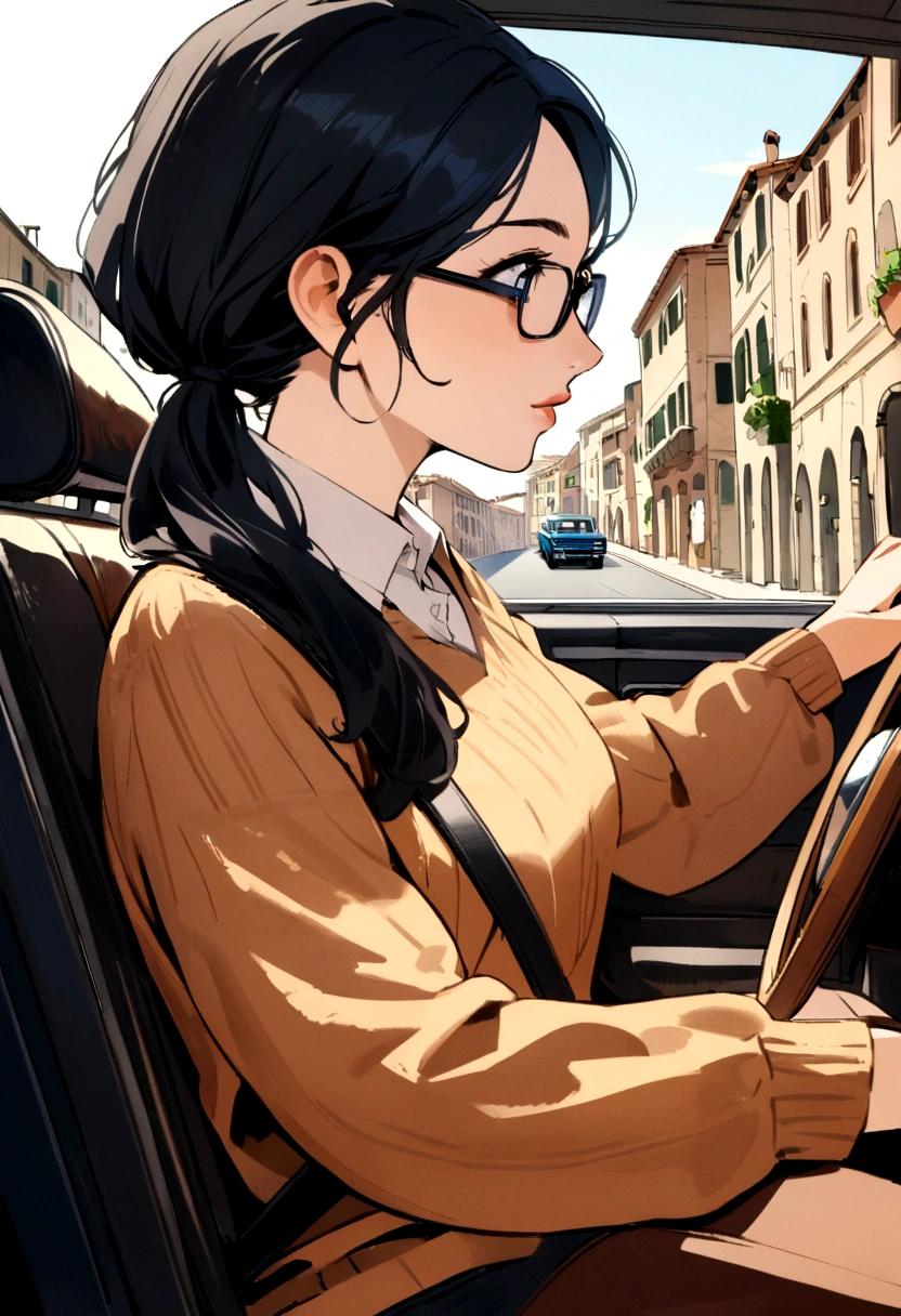 best quality, complete landscape, detailed textures, vibrant and natural colors, high photographic quality, A woman, 27 years old, white, medium black hair, wearing prescription glasses. Driving his Classic Ford Broncos, navy blue with caramel leather seats, in a city in the interior of Italy. Transformar em imagem estilo Pixar