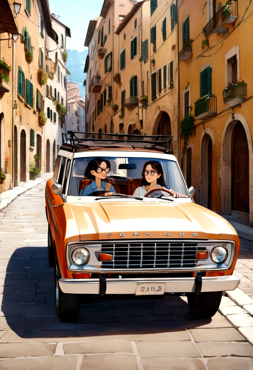 best quality, complete landscape, detailed textures, vibrant and natural colors, high photographic quality, A woman, 27 years old, white, medium black hair, wearing prescription glasses. Driving his Classic Ford Broncos, navy blue with caramel leather seats, in a city in the interior of Italy. Transformar em imagem estilo Pixar
