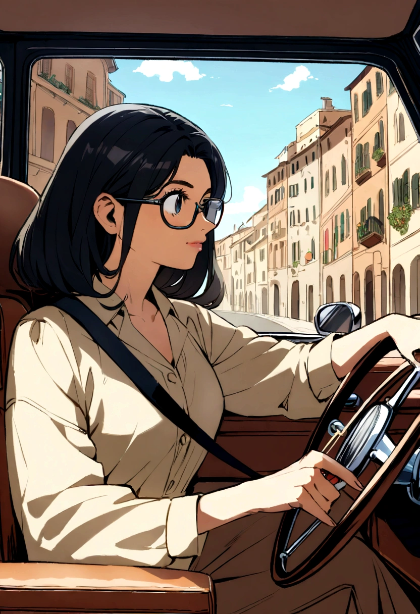 best quality, complete landscape, detailed textures, vibrant and natural colors, high photographic quality, A woman, 27 years old, white, medium black hair, wearing prescription glasses. Driving his Classic Ford Broncos, navy blue with caramel leather seats, in a city in the interior of Italy. Transformar em imagem estilo Pixar