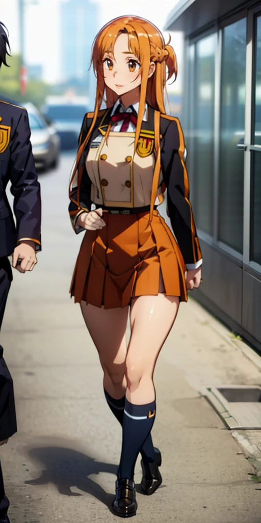 orange hair, fold, braid, long hair, orange eyes, large breasts, standing, walking, uniform, skirt, 