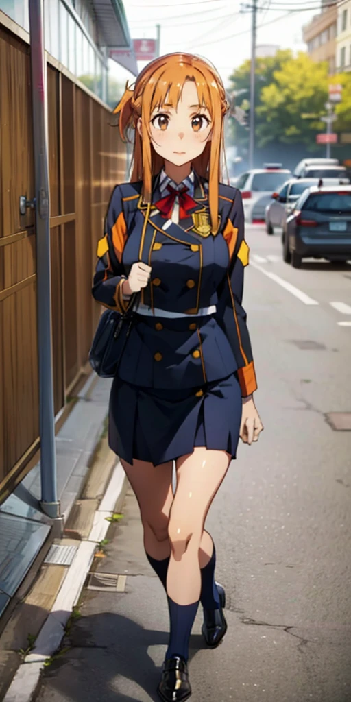 orange hair, fold, braid, long hair, orange eyes, large breasts, standing, walking, uniform, skirt, 