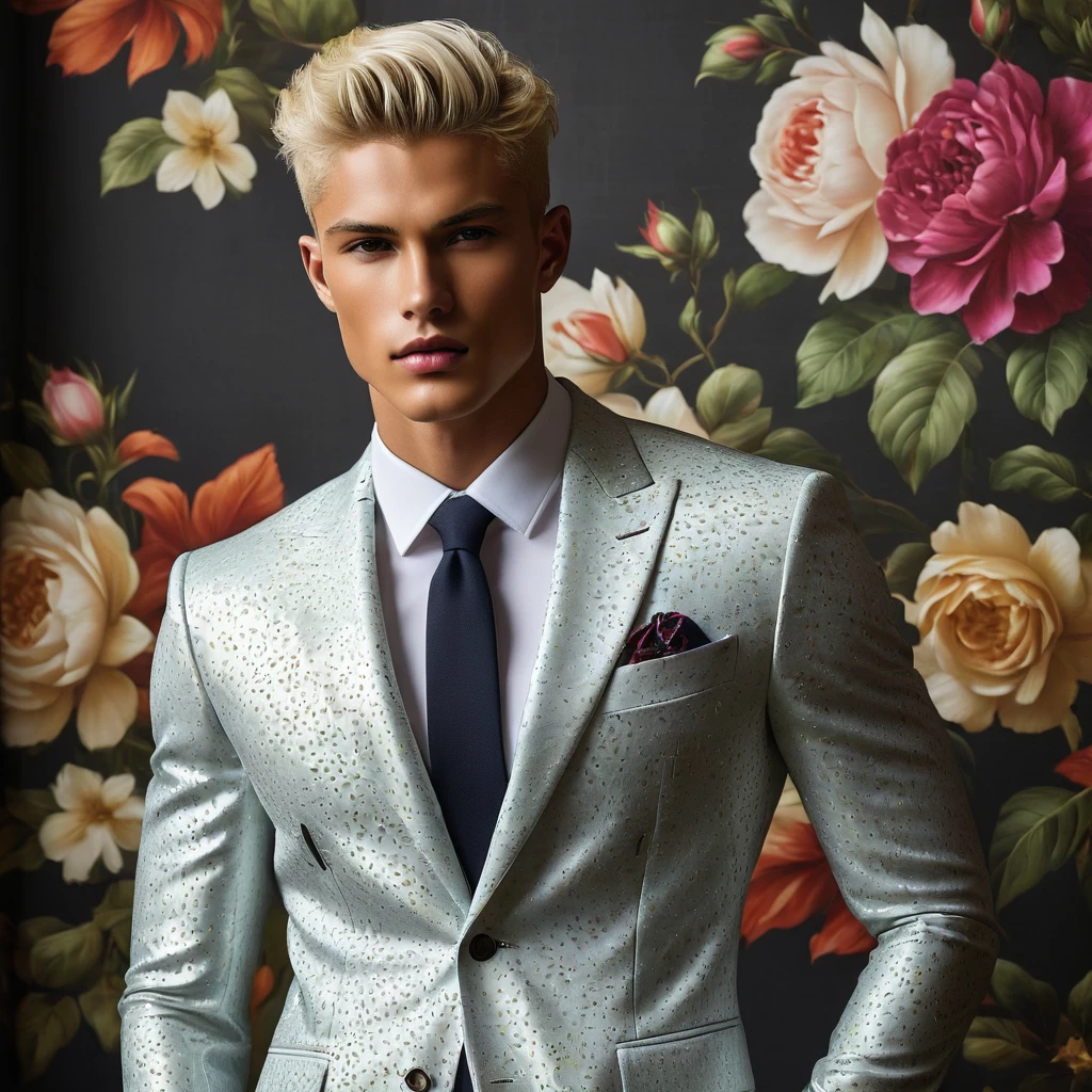 Candid Vogue fashion editorial shot of 2man mixed of male supermodel, 22 year old, short platinum blonde hair, masculine appearance with slender physique, symmetric face, natural olive skin tone, exudes youthfulness and athleticism, he is very photogenic, Position against an ornate dark background featuring a framed floral painting wallpaper to add depth and richness to the scene, (He wears a luxurious white and rainbow patterned suit whit short pants), semi hard bulge, expression is serene and slightly introspective, with a soft confident gaze directed slightly off-camera, Utilize natural soft lighting streaming in from a window, casting gentle highlights and shadows that accentuate the contours of his face and the texture of his outfits, The light creates a warm intimate atmosphere with a golden tone that enhances his skin, The interplay of light and shadow adds depth and dimension to the scene, slightly blurred focus background, bringing into sharp clear detail while the rich tones of the background enhance the overall opulence of the image. Capture full-body short, dynamic angle, using a Canon EOS R7 and Sigma AF 85mm F1.4 EX DG HSM lens by Thomas Synnamon, Employ a shallow depth of field to focus on his face and body, Draw inspiration from high-fashion photographer, emphasize detail, texture and a sophisticated luxurious atmosphere, Emphasize the golden warm lighting and its effect on enhancing his features and the rich textures, creating a visually captivating and elegant portrait that exudes warmth and sophistication, The overall mood blend the classical elegance of the modern, high-fashion aesthetic, producing an image that feels both timeless and contemporary, raw photo, masterpiece, best quality, Correct body structure, Correct photo distance, LGBTQ,