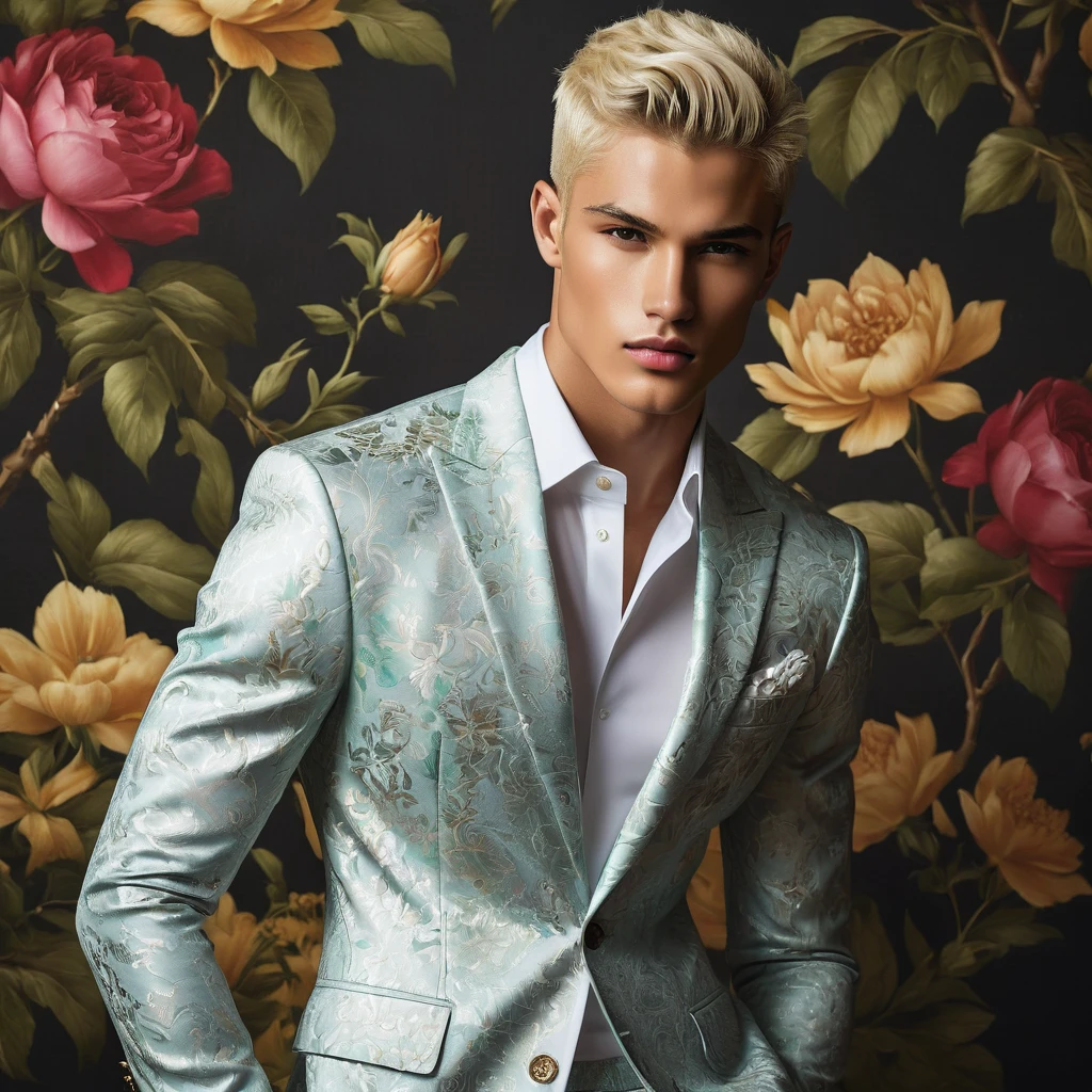 Candid Vogue fashion editorial shot of 2man mixed of male supermodel, 22 year old, short platinum blonde hair, masculine appearance with slender physique, symmetric face, natural olive skin tone, exudes youthfulness and athleticism, he is very photogenic, Position against an ornate dark background featuring a framed floral painting wallpaper to add depth and richness to the scene, (He wears a luxurious white and rainbow patterned suit whit short pants), semi hard bulge, expression is serene and slightly introspective, with a soft confident gaze directed slightly off-camera, Utilize natural soft lighting streaming in from a window, casting gentle highlights and shadows that accentuate the contours of his face and the texture of his outfits, The light creates a warm intimate atmosphere with a golden tone that enhances his skin, The interplay of light and shadow adds depth and dimension to the scene, slightly blurred focus background, bringing into sharp clear detail while the rich tones of the background enhance the overall opulence of the image. Capture full-body short, dynamic angle, using a Canon EOS R7 and Sigma AF 85mm F1.4 EX DG HSM lens by Thomas Synnamon, Employ a shallow depth of field to focus on his face and body, Draw inspiration from high-fashion photographer, emphasize detail, texture and a sophisticated luxurious atmosphere, Emphasize the golden warm lighting and its effect on enhancing his features and the rich textures, creating a visually captivating and elegant portrait that exudes warmth and sophistication, The overall mood blend the classical elegance of the modern, high-fashion aesthetic, producing an image that feels both timeless and contemporary, raw photo, masterpiece, best quality, Correct body structure, Correct photo distance, LGBTQ,