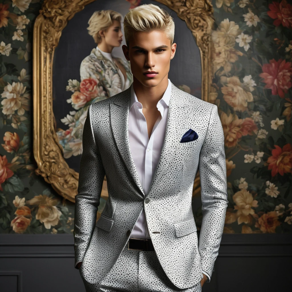 Candid Vogue fashion editorial shot of 2man mixed of male supermodel, 22 year old, short platinum blonde hair, masculine appearance with slender physique, symmetric face, natural olive skin tone, exudes youthfulness and athleticism, he is very photogenic, Position against an ornate dark background featuring a framed floral painting wallpaper to add depth and richness to the scene, (He wears a luxurious white and rainbow patterned suit whit short pants), semi hard bulge, expression is serene and slightly introspective, with a soft confident gaze directed slightly off-camera, Utilize natural soft lighting streaming in from a window, casting gentle highlights and shadows that accentuate the contours of his face and the texture of his outfits, The light creates a warm intimate atmosphere with a golden tone that enhances his skin, The interplay of light and shadow adds depth and dimension to the scene, slightly blurred focus background, bringing into sharp clear detail while the rich tones of the background enhance the overall opulence of the image. Capture full-body short, dynamic angle, using a Canon EOS R7 and Sigma AF 85mm F1.4 EX DG HSM lens by Thomas Synnamon, Employ a shallow depth of field to focus on his face and body, Draw inspiration from high-fashion photographer, emphasize detail, texture and a sophisticated luxurious atmosphere, Emphasize the golden warm lighting and its effect on enhancing his features and the rich textures, creating a visually captivating and elegant portrait that exudes warmth and sophistication, The overall mood blend the classical elegance of the modern, high-fashion aesthetic, producing an image that feels both timeless and contemporary, raw photo, masterpiece, best quality, Correct body structure, Correct photo distance, LGBTQ,