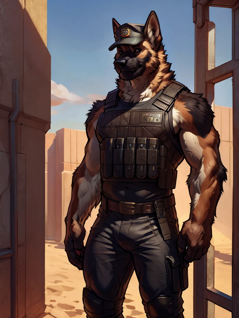 furry, anthro, black german shepherd:1.5, solo, average male, standing outside a prison:1.2, he is using a cap a bulletproof vest and his pants are military:1.4, super detailed, detailed face, best art, 8k, vibrant, by snowskau:0.4, by taran fiddler:1.8, by RedRusker:1.8, art stile, 3D, halfbody,