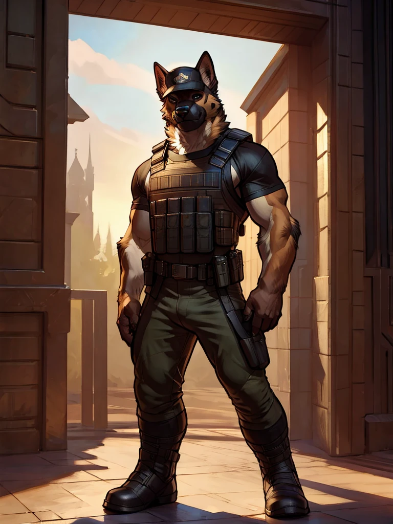 furry, anthro, black german shepherd:1.5, solo, average male, standing outside a prison:1.2, he is using a cap a bulletproof vest and his pants are military:1.4, super detailed, detailed face, best art, 8k, vibrant, by snowskau:0.4, by taran fiddler:1.8, by RedRusker:1.8, art stile, 3D, halfbody,