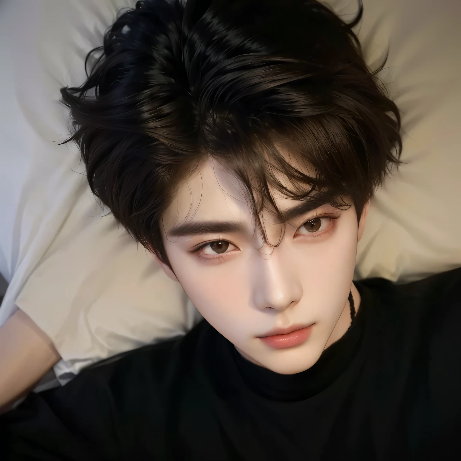 there is a woman lying on a bed with a cell phone, cai xukun, beautiful androgynous prince, androgynous face, delicate androgynous prince, Jung Jaehyun, 8k selfie photography, profile headshot, wicked ulzzang, perfect face and boy, handsome japanese demon boy, with short hair, beautiful face, short brown hair and big eyes