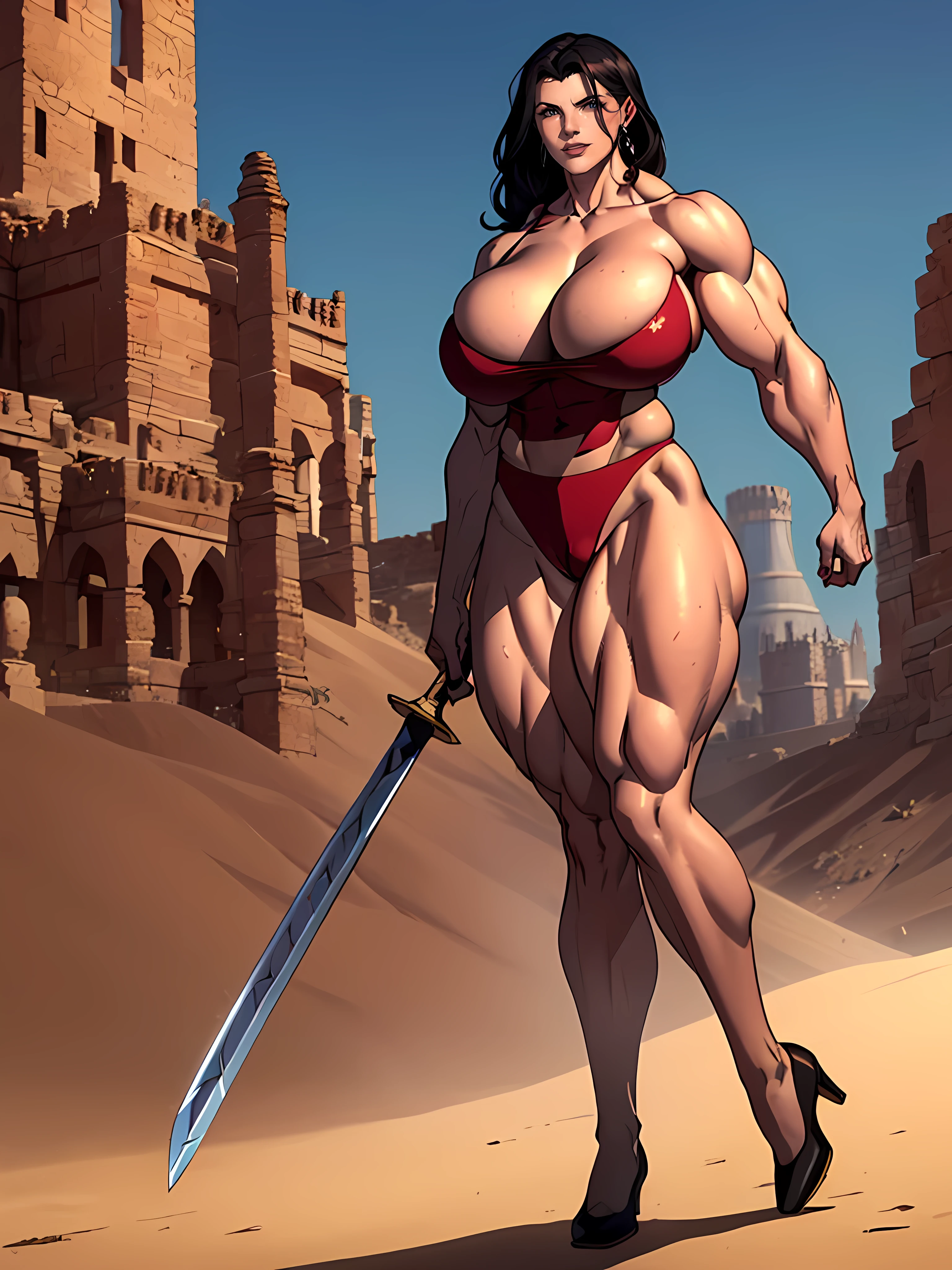 (masterpiece, top quality, best quality, official art, beautiful and aesthetic), ((1girl)), (((massive female bodybuilder:1.7))), (((Long Muscular Legs:1.5))), ((?????)), ((????:1.2)), long wavy black hair, tanned skin, extremely detailed, portrait, looking at viewer, solo, ((full body)), detailed background, close up, mischievous eyes, (hot summer desert Arabia theme), dark makeup, smirk, mysterious, walking in desert, jewelry, elaborate necklaces, gold jewelry, precious stones, scimitar, curved sword, ((((????????????????)))), slim waist, ((wide ????)), ((wide shoulders)), ancient (Arabian palace exterior) background, dark mysterious lighting, shadows, magical atmosphere, dutch angle