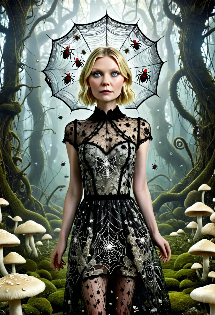 Kirsten Dunst spider-shaped lace dress, She looks with her enormous eyes directly at the mushrooms with an expression of astonishment as she sees herself surrounded by hundreds of crystal insects that have an impossible geometry.... All with the style of Tim Burton, in a kind of surreal dream. While drinking some tea.