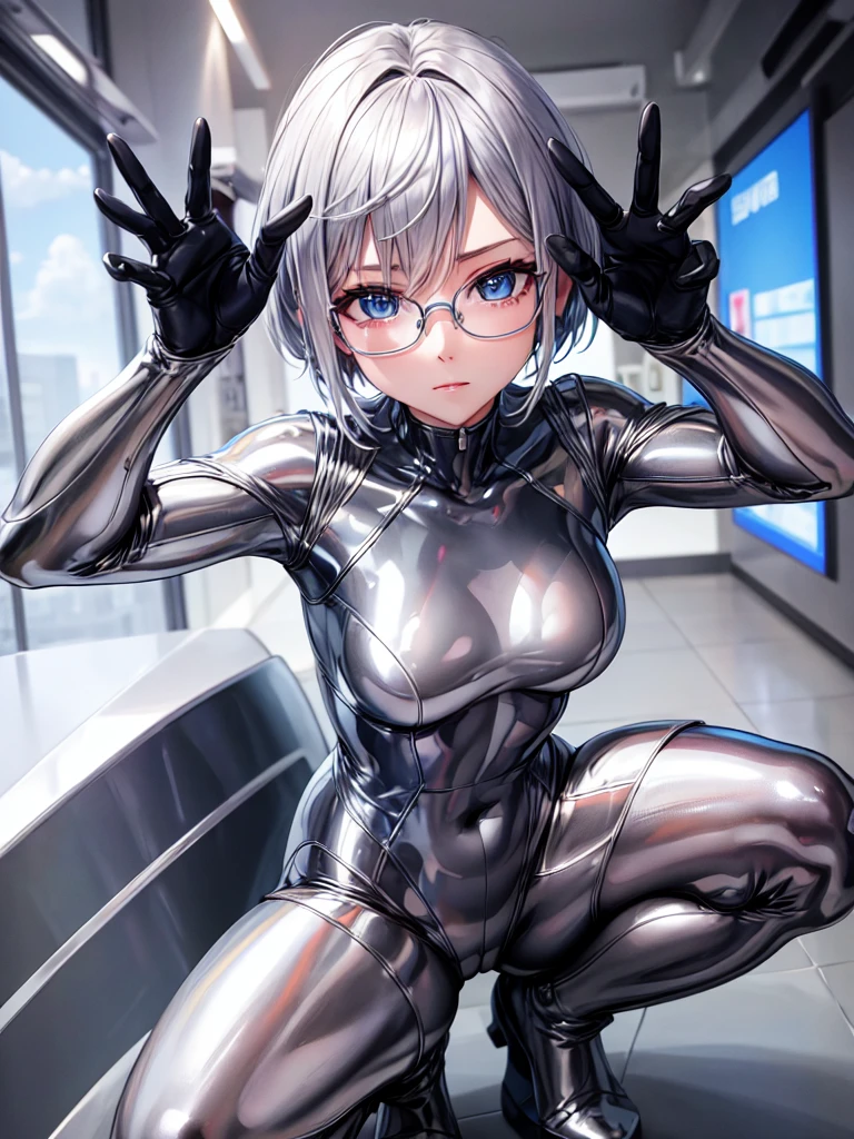 Highest quality 8K UHD、Mastepiece、Close-up、short hair、Blue Eyes、Squatting with legs apart、Open legs、Silver Hair、Glasses、A beautiful woman wearing a tight silver metallic suit、Full body silver metallic rubber suit