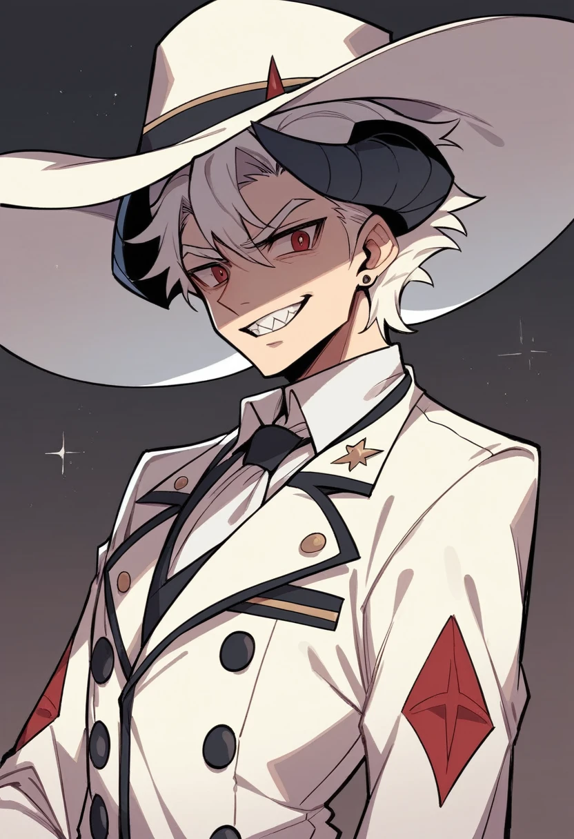 offwhite + brawny + all white + white suit + big hat + black horns + profile pic + sharped teeth + big mischievous smile + sharped teeth + bonitas + earless + without hair + gostoso + demon + rosto de frente