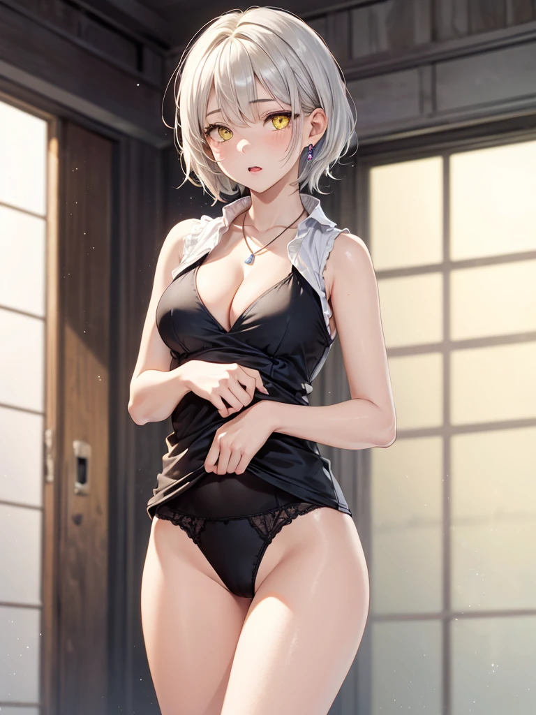 Highest quality 8K resolution,masterpiece, Exquisite detail, Realistic, Realistic, Soft tones,Color Palette, Alone, (25 year old girl:1.6),(Small eyes,Yellow Eyes:1.5), (Short Hair:1.5), Shiny silver hair,Twin tails,Asymmetrical bangs,(No bra), (Sleeveless lift:1.6),(Simple underwear),Beautiful proportions,Open your mouth,(Shiny white skin),(Detailed and sparkling eyes,Cat Eyes), (Big breasts,Cleavage:1.3), necklace,Earrings,accessories,Cowboy Shot, Are standing, indoor,Detailed clothing,7 lifespan,(low length),Sulky look