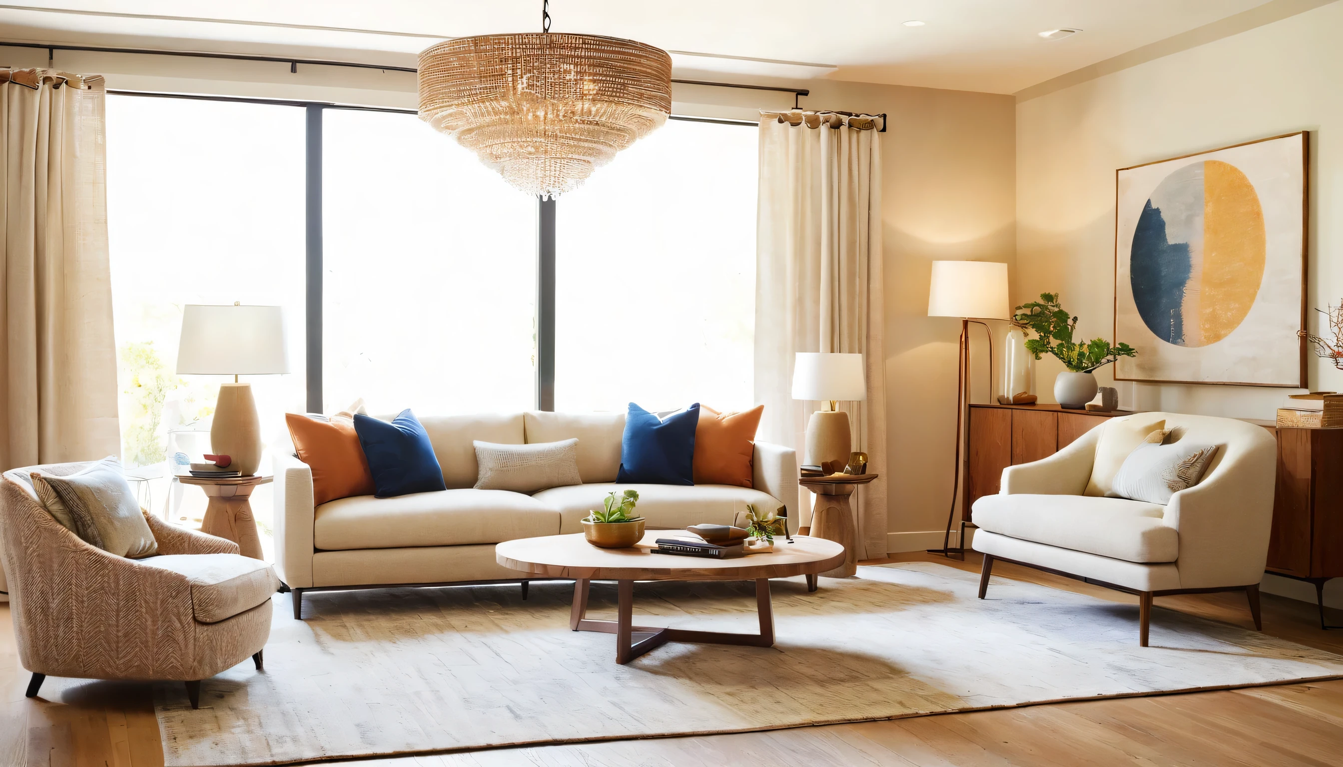 a three-seater sofa,capet,end table,west elm chandelier,armchair,residential interior design project with modrtn organic style,interior decor,crrisp lines,neutral colors,natural textures,backdrop of simplicity,aesthetic,bright environment,realistic,V-RayRenderer,superior quality