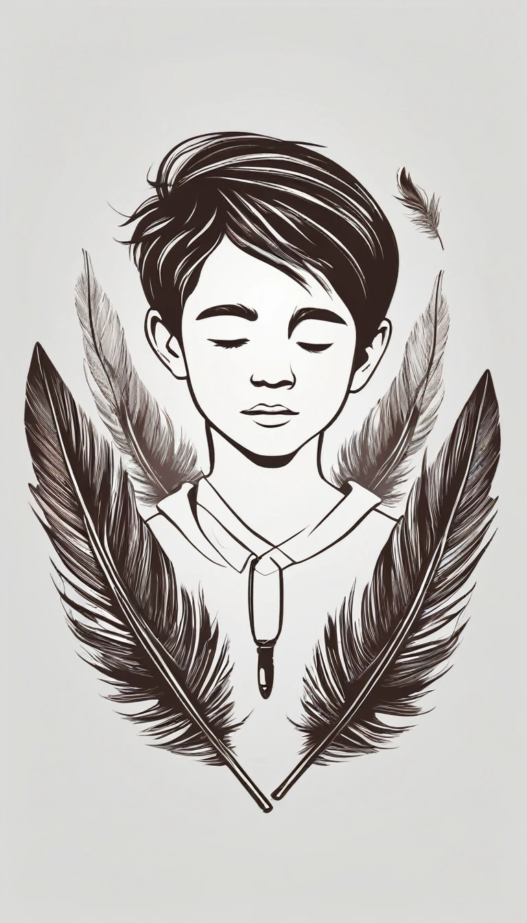 A minimalist, fantastic, poetic, dreamy, captivating, memorable, masterpiece, modern, simple logo design of a boy and a feather for the brand “Penamemoria". The logo must convey a sense of music, stories and dreams. Minimalistic logo design of a boy and a feather.