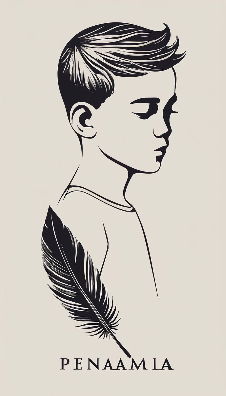 A minimalist, fantastic, poetic, dreamy, captivating, memorable, masterpiece, modern, simple logo design of a boy and a feather for the brand “Penamemoria". The logo must convey a sense of music, stories and dreams. Minimalistic logo design of a boy and a feather.