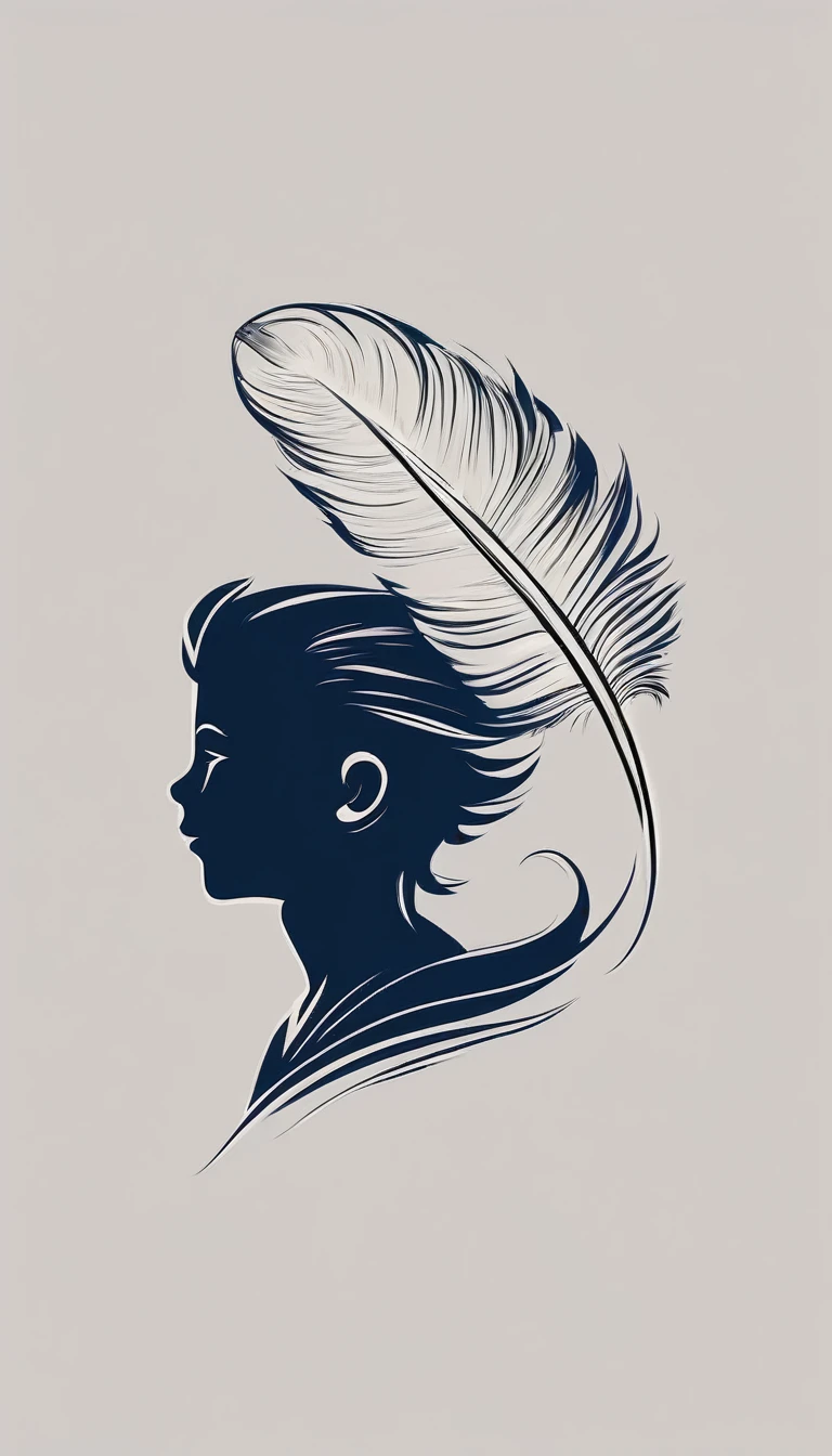A minimalist, fantastic, poetic, dreamy, captivating, memorable, masterpiece, modern, simple logo design of a boy and a feather for the brand “Penamemoria". The logo must convey a sense of music, stories and dreams. Minimalistic logo design of a boy and a feather.