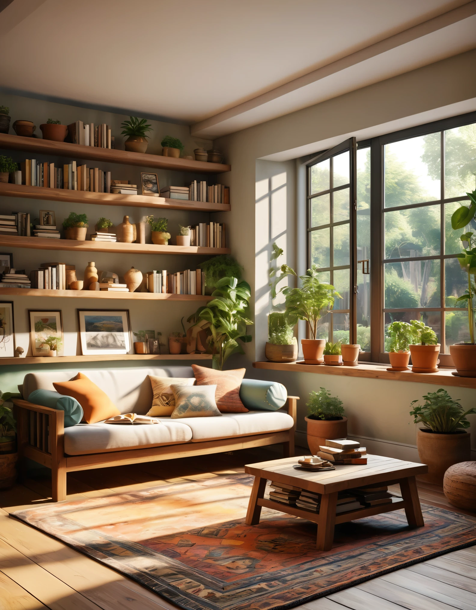 Create a hyper-realistic image of a cozy, sunlit room with a low wooden table and floor cushions. The room should have a large window letting in natural light, illuminating the space. Include elements such as potted plants, a patterned rug, and bookshelves filled with books and small decorative items. The window should offer a view of a lush garden outside. Use warm, inviting colors and soft lighting to enhance the cozy atmosphere. The overall scene should be serene and welcoming, capturing the essence of a peaceful and comfortable living space