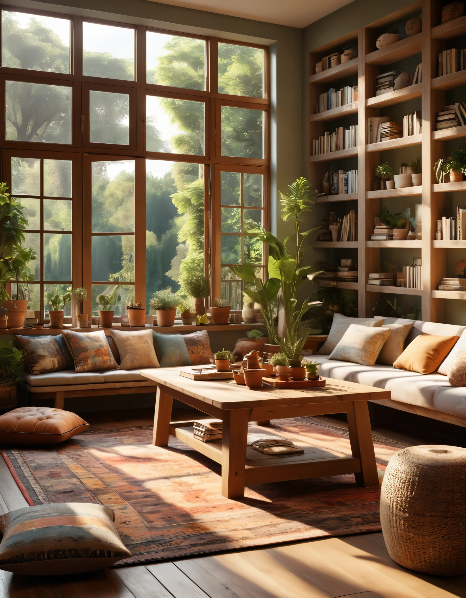 Create a hyper-realistic image of a cozy, sunlit room with a low wooden table and floor cushions. The room should have a large window letting in natural light, illuminating the space. Include elements such as potted plants, a patterned rug, and bookshelves filled with books and small decorative items. The window should offer a view of a lush garden outside. Use warm, inviting colors and soft lighting to enhance the cozy atmosphere. The overall scene should be serene and welcoming, capturing the essence of a peaceful and comfortable living space