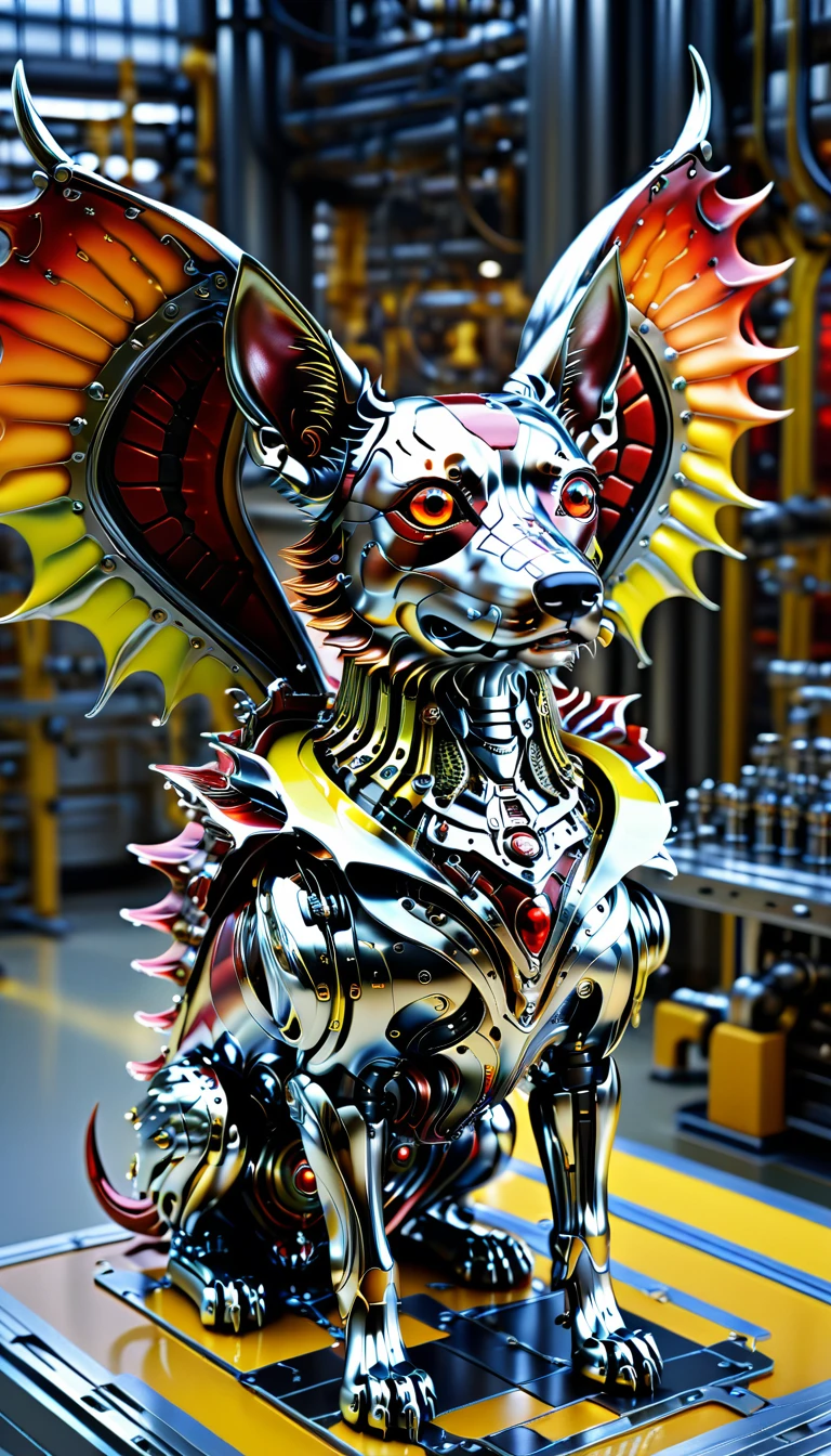 No human, realistic shooting, realism, Realistic photos of dog-like creatures, devil wings, multicolored fur, strange and surreal, Robotic factory with shiny assembly lines, intricate details, Very sharp, exquisite details, perfect composition, vivid colors, masterpiece, future oriented, metal decoration, shiny metallic interior, hollow interior, Polish, ray tracing