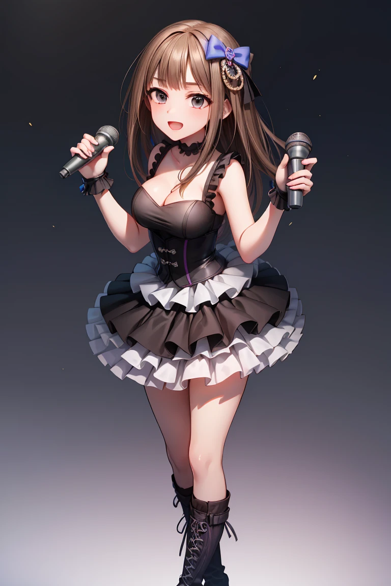 ((masterpiece, best quality, ultra-detailed, very fine 8KCG wallpapers)), 1girl, solo, medium breasts, idolmaster, black gothic dress, black hair, :D, bow, hair bow, collarbone, boots, jewelry, sleeveless, skirt, holding microphone, nice hands, perfect hands,