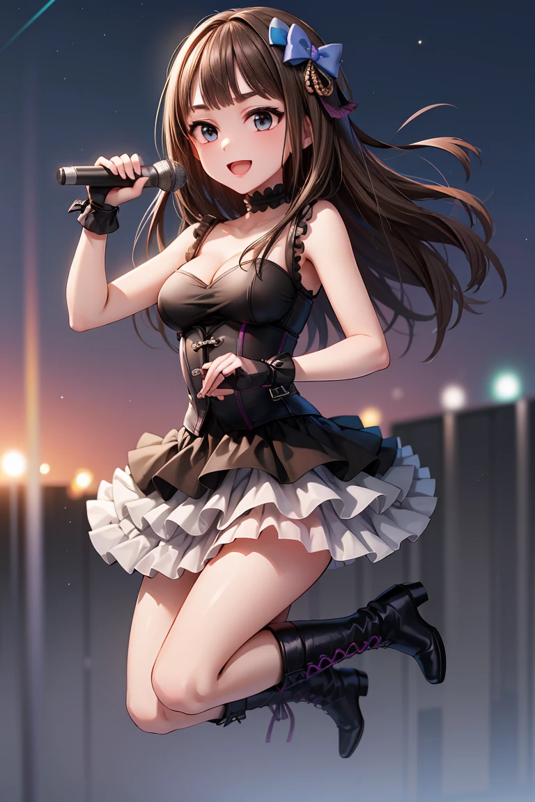 ((masterpiece, best quality, ultra-detailed, very fine 8KCG wallpapers)), 1girl, solo, medium breasts, idolmaster, black gothic dress, black hair, :D, bow, hair bow, collarbone, boots, jewelry, sleeveless, skirt, holding microphone, nice hands, perfect hands,