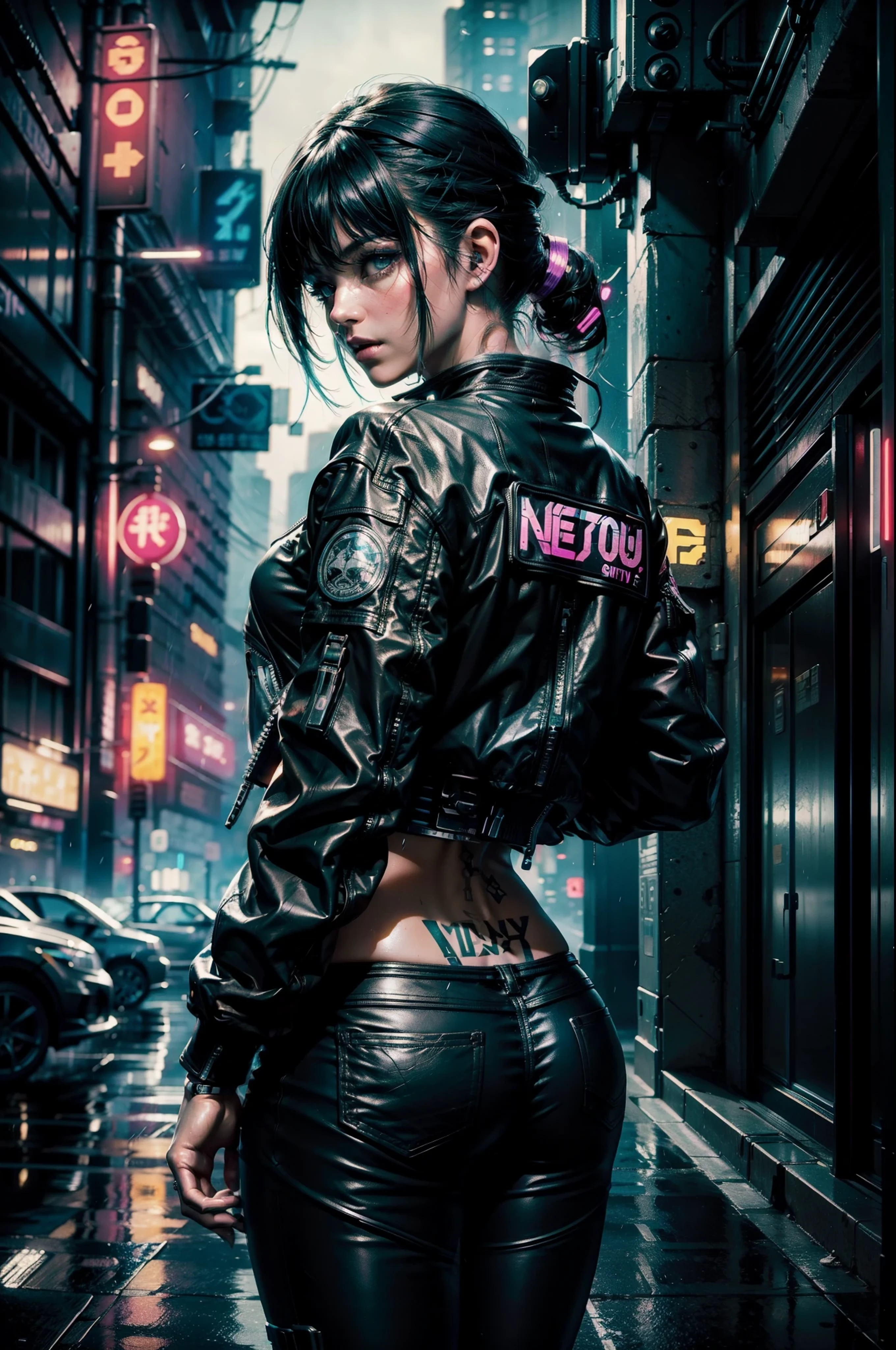 cute neon cyberpunk girl ((Calling cards Aesthetic style Call of Duty::1)), (work of art), highest quallity, sharp focus,short-cut、Beautiful Japanese、rainy city、Blade runner、Fantasma na Concha、Black leather jacket and leather pants、A dynamic pose