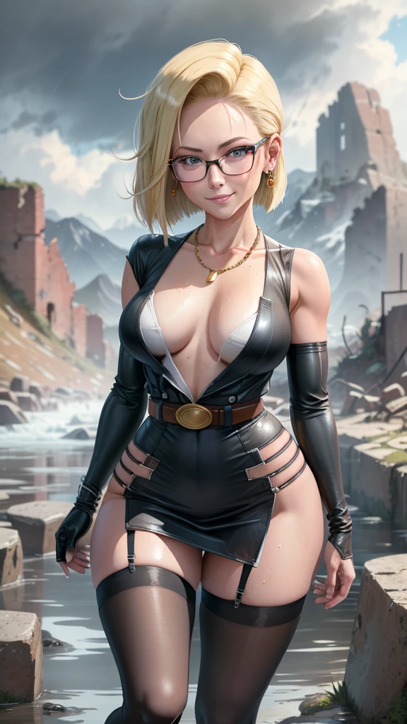Best quality, Highres, and18, 1girl, android 18, solo girl, 1girl, blonde hair, blue eyes, belt, high heels, not wearing any clothes, gold necklace, black dress, short hair, not wearing any clothes, earrings, glasses Read, Medium Breasts, Cowboy Shot, Mountains, Straight, (the weather: Rainy and windy), wet body, smile, fighting posture, thigh-high stockings, garter belt, battle ruins, wide hips, thick legs, not wearing clothes, closed fists, hairpin,