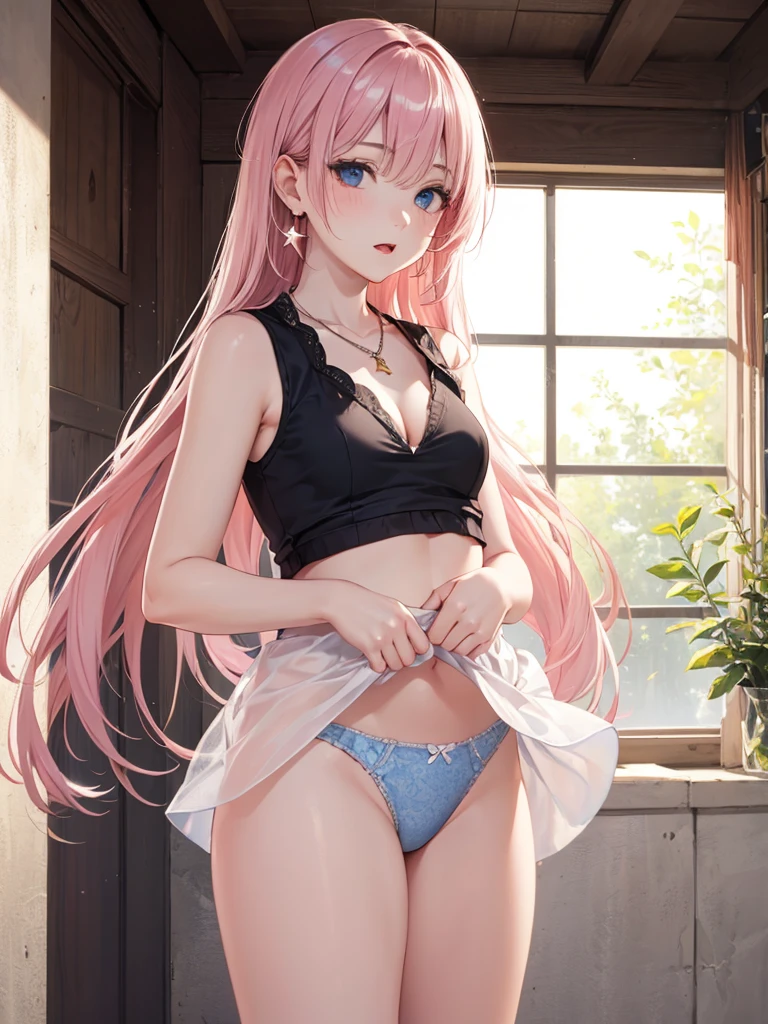 Highest quality 8K resolution,masterpiece, Exquisite detail, Realistic, Realistic, Soft tones,Color Palette, Alone, (25 year old girl:1.6),(Small eyes:1.5), (Long Hair:1.5), Shiny pink hair,Asymmetrical bangs,(No bra), (Sleeveless lift:1.6),(Simple underwear),Beautiful proportions,Open your mouth,(Shiny white skin),Very beautiful detailed eyes,blue eyes, (Mid-chest,Cleavage:1.3), necklace,Earrings,Star motif accessories,Cowboy Shot, Are standing, indoor,Detailed clothing,7 lifespan,(low length)