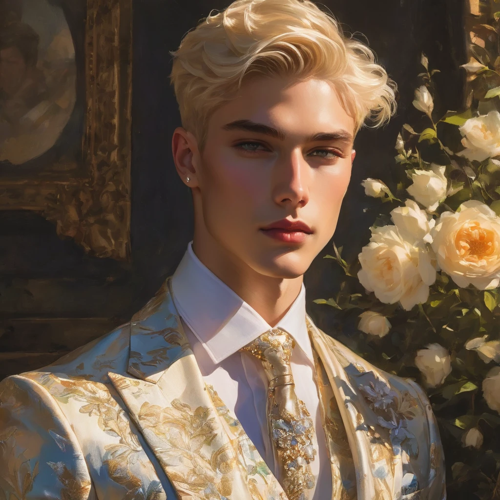 Candid Vogue fashion editorial shot of 2man mixed of male supermodel, 22 year old, short platinum blonde hair, masculine appearance with slender physique, symmetric face, natural olive skin tone, exudes youthfulness and athleticism, he is very photogenic, Position against an ornate dark background featuring a framed floral painting wallpaper to add depth and richness to the scene, (He wears a luxurious white and rainbow patterned suit whit short pants), semi hard bulge, expression is serene and slightly introspective, with a soft confident gaze directed slightly off-camera, Utilize natural soft lighting streaming in from a window, casting gentle highlights and shadows that accentuate the contours of his face and the texture of his outfits, The light creates a warm intimate atmosphere with a golden tone that enhances his skin, The interplay of light and shadow adds depth and dimension to the scene, slightly blurred focus background, bringing into sharp clear detail while the rich tones of the background enhance the overall opulence of the image. Capture full-body short, dynamic angle, using a Canon EOS R7 and Sigma AF 85mm F1.4 EX DG HSM lens by Thomas Synnamon, Employ a shallow depth of field to focus on his face and body, Draw inspiration from high-fashion photographer, emphasize detail, texture and a sophisticated luxurious atmosphere, Emphasize the golden warm lighting and its effect on enhancing his features and the rich textures, creating a visually captivating and elegant portrait that exudes warmth and sophistication, The overall mood blend the classical elegance of the modern, high-fashion aesthetic, producing an image that feels both timeless and contemporary, raw photo, masterpiece, best quality, Correct body structure, Correct photo distance, LGBTQ,