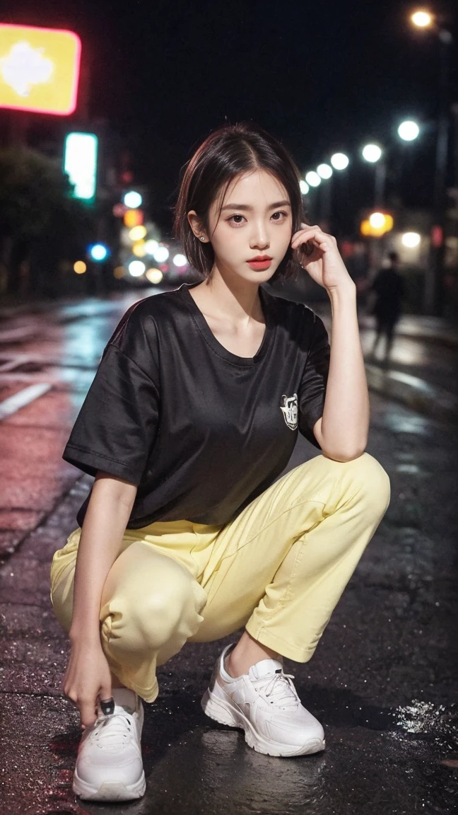 21yo girl a beautiful Korean-looking, with short neat tomboyish hair, wearing a black t-shirt, white striped bomber jacket, yellow and pink cargo pants, blue shoes, squat pose on a street, fingers cursing, background in the middle of the road, lights city from a distance, wet roads, blurry