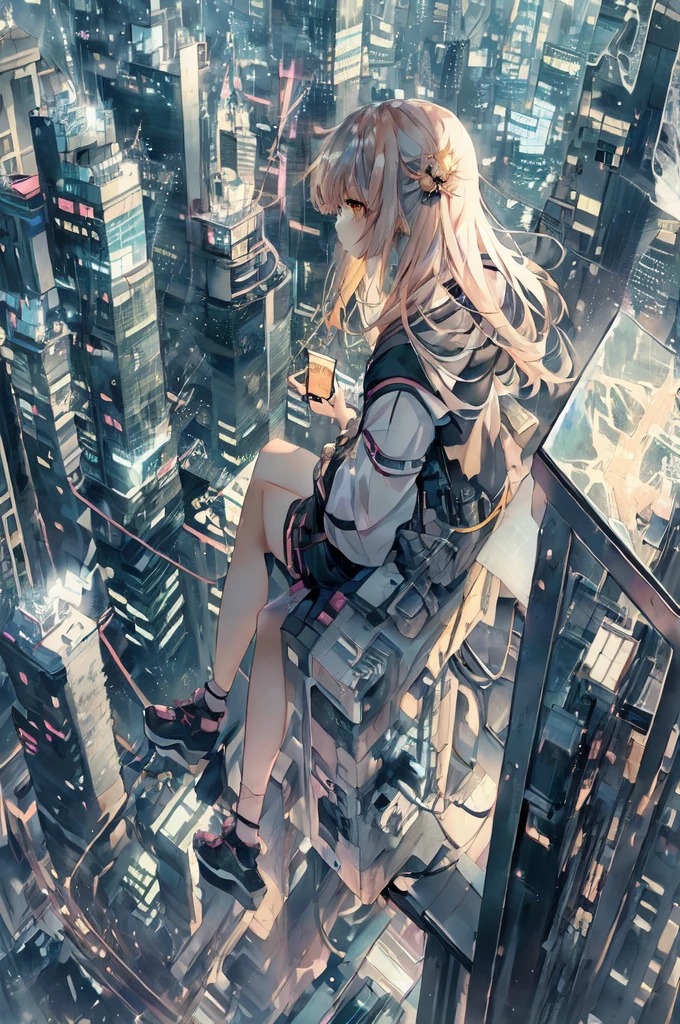 anime girl sitting on a ledge in a city at night, soaring above a dense city, best anime 4k konachan wallpaper, digital cyberpunk anime art, anime art wallpaper 4 k, anime art wallpaper 4k, anime art wallpaper 8 k, anime wallpaper 4 k, anime wallpaper 4k, digital cyberpunk - anime art, 4k anime wallpaper