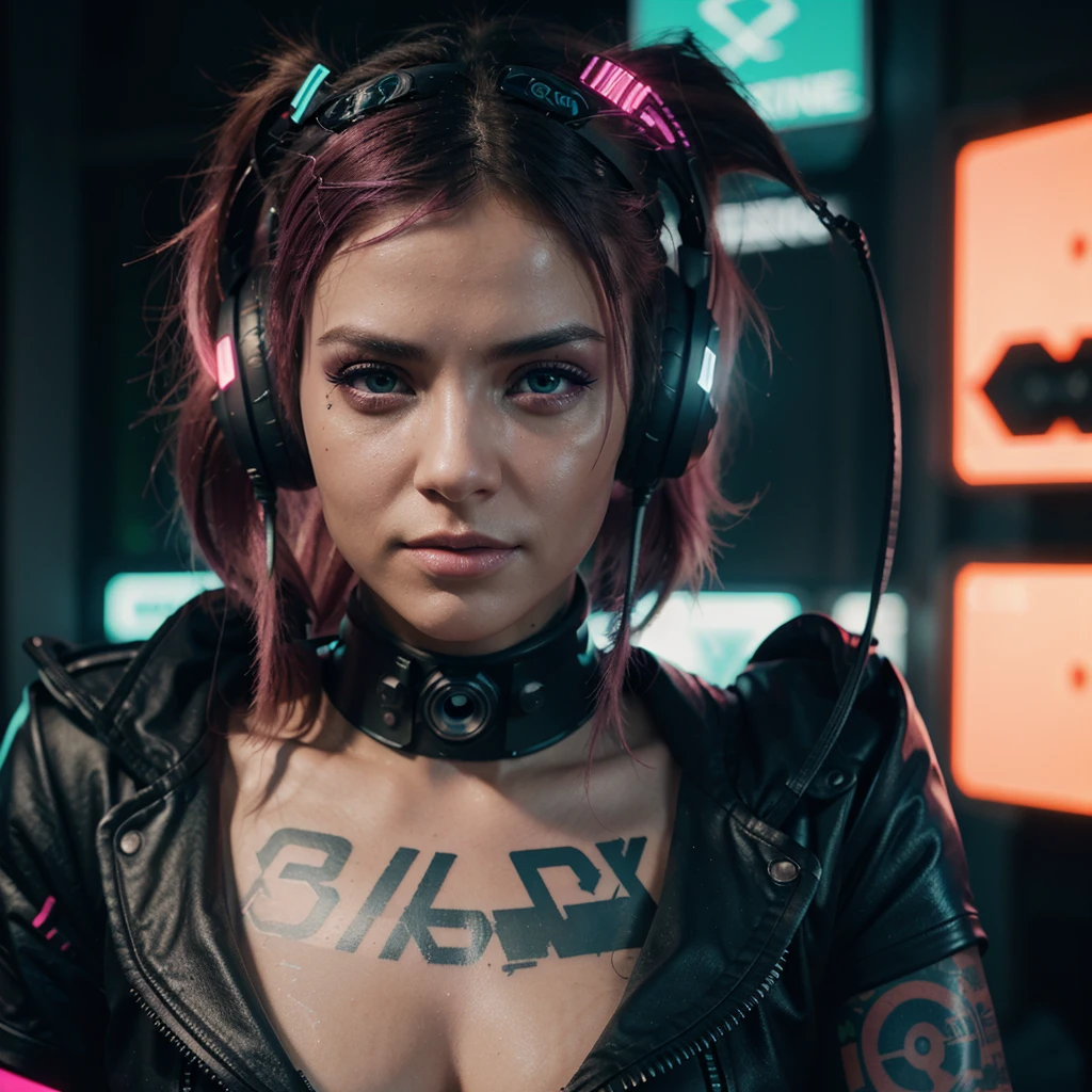 techno Rave girl wearing Neon Clothing, Tron led lights of multiple neon tube light clothing. wearing DJ Headset, Cool Cyber Synth sunglasses, best quality, 8k,highest resolution,masterpiece:1.2,ultra-detailed,realistic:1.37,physically-based rendering,professional,vivid colors,studio lighting,sharp focus,bokeh,portraits,photography, Designer de imagem "Cyberpunk & Realistic". Futuristic depiction of a perfectly tattooed woman with high-tech mechanical prosthetics, long messy pink hair, and headphones. Embrace the cyberpunk aesthetic with neon lights and bright tattoos, maintaining the realistic portrayal of its features. "Camera positioning" Off-center and close-up camera positioning, Capturing dynamic pose to show off cyberpunk tattoos and high-tech prosthetics in detail. "Paleta de cores" Cyberpunk-inspired color palette with neon tones, rosa fluorescente, e verde brilhante, complemented by realistic skin tones and metallic details for representation of advanced technology.