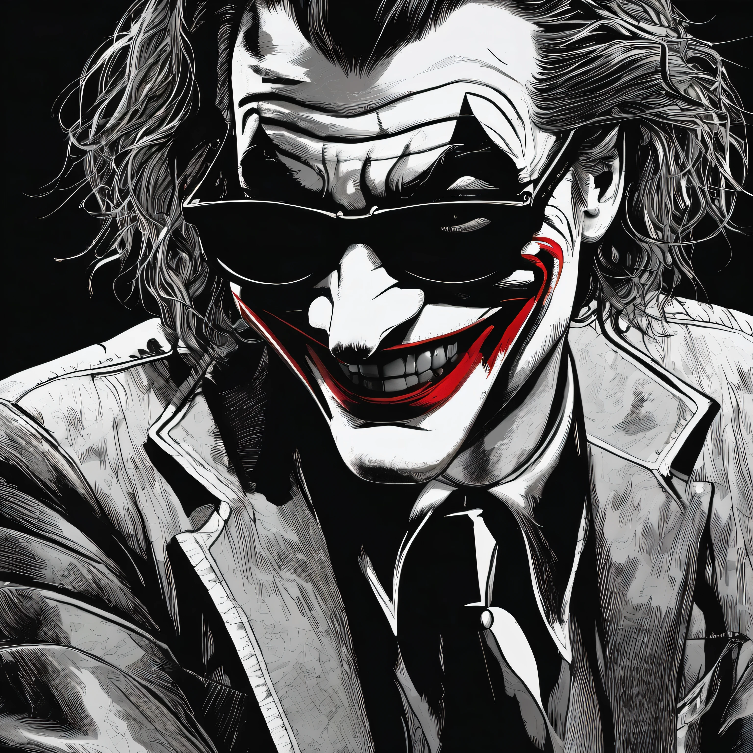 On a black background, the face of the joker Paul Miller, better known as Gypsy Crusader, appears laughing and wearing black glasses